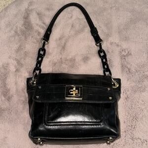 Milly Black Leather/Croc Embossed Top Flap Handbag w/Chunky Enamel Chain Strap